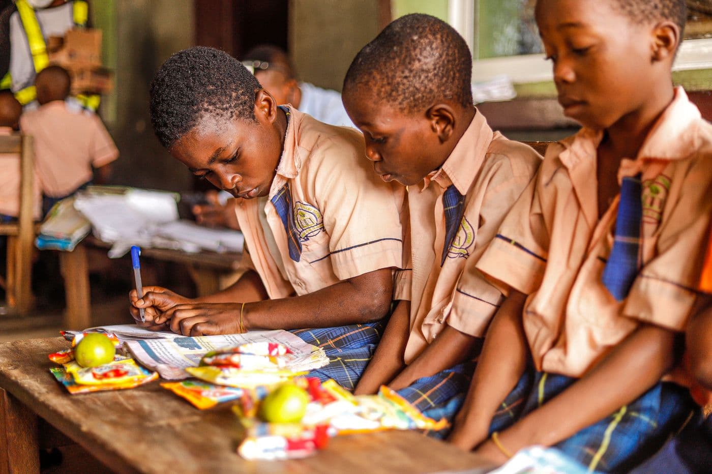 Schoolchildren working together on their lessons